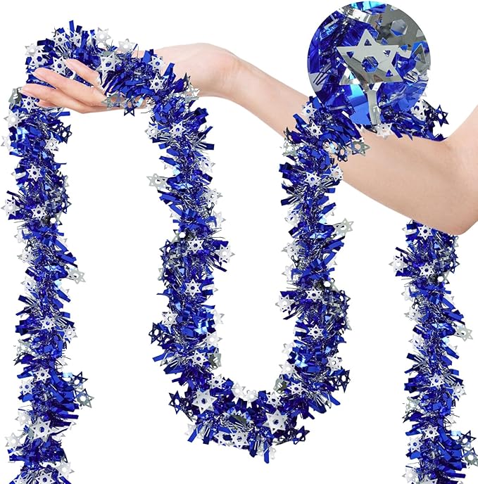 33 Ft Hanukkah Tinsel Garland Blue Metallic Garland with Silver Stars Hanukkah Chanukah Decorations for Outdoor Indoor Holiday Party Christmas Supplies
