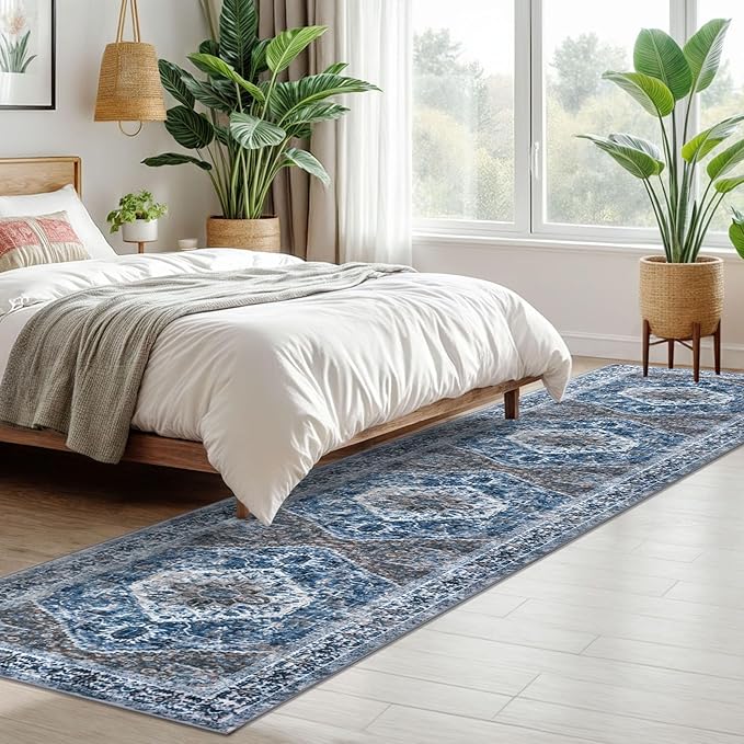 KOZYFLY Long Runners for Hallways 2x10 Ft Washable Kitchen Runner Rug Boho Runner Rug for Entryway Indoor Blue Printed Oriental Faux Wool Stair Runner Floor Carpet Runner for Stair Kitchen Hall