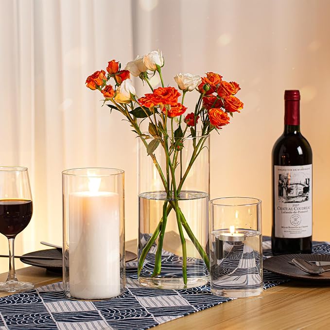 PHOSPHOR Hurricane Candle HoldersFor Pillar Candle Clear Glass Cylinder Centerpieces Vases Table Decoration Centerpiece Floral Room Decor Clear Seeded Bubbles Living Dining Kitchen 6 Pieces