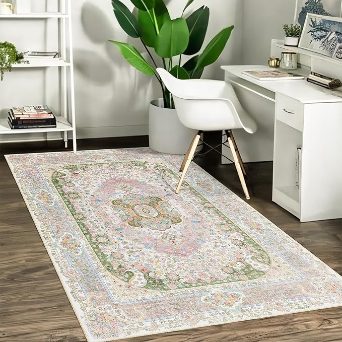 Pink Rug 3x5,Washable Area Rugs for Bedroom Living Room Kitchen Entryway,Small Boho Vintage Bohemian Distressed Non Slip Carpet,Blush Green