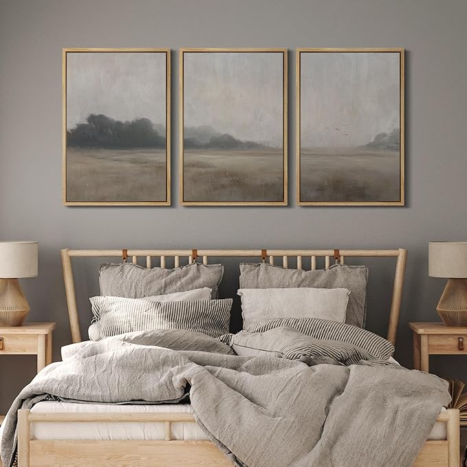 MUDECOR Framed Wall Art Print Set Serene MeadowTranquil Landscape with Foggy Fields and Distant Trees Illustrations Realism Decorative for Living Room, Bedroom, Office - 16"x24"x3 Natural
