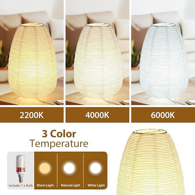 Rice Paper Lamp for Desk, Japanese Paper Table Lamp with 3 Color, Wabi-Sabi Style Bedside Lantern Lamps for Living Room/Bedroom/Bedside Night Light(Bulb Included)