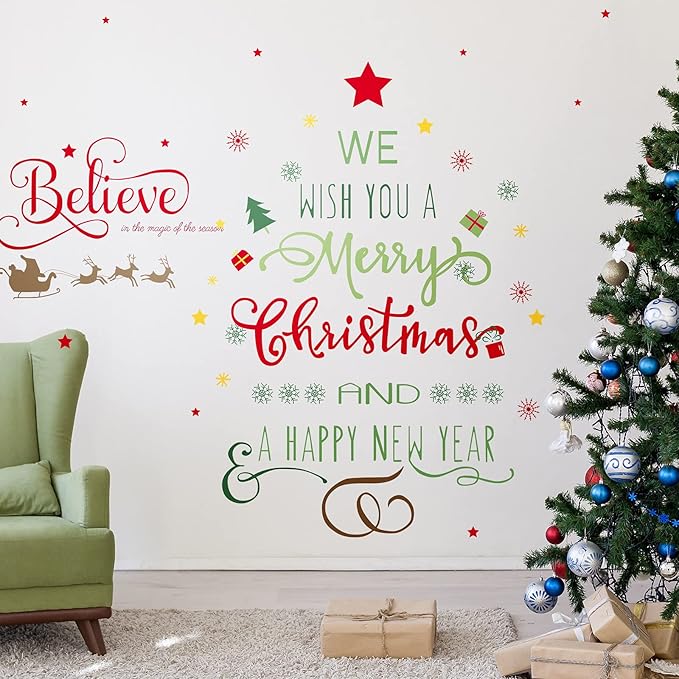 Outus Christmas Decal Stickers New Year Happy Believe Quotes Wall Decals Reindeer Tree Vinyl Art Decor Removable Modern for Party Supplies Home Window