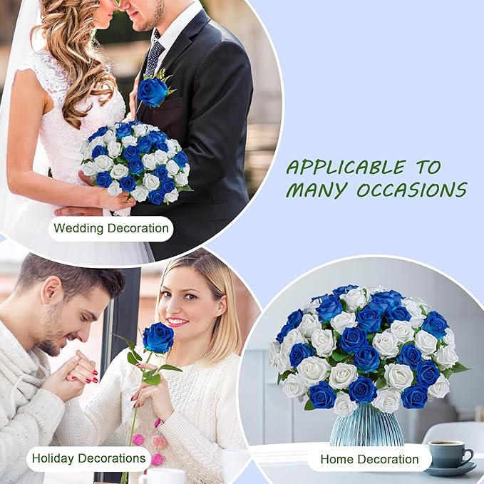 Artificial Flowers Roses Touch Fake Rose Bouquet Flower Stem For Wedding Centerpieces Diy Wreath Home Decorations Silk Roses Mothers Party Fake Outdoor Flowers Decor 19.6"(White & Blue 50PCS)