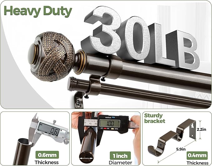 1 Inch Double Curtain Rods 66 to 120 Inches (5.5-10ft), USFOOK Bronze Heavy Duty Drapery Rods for Windows 69 to 111 Inches, Telescoping Dual Curtain Rod with Woven Leaf Finials