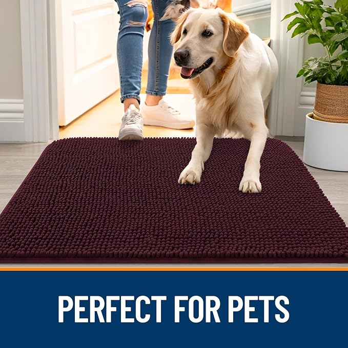 OLANLY Dog Door Mat for Muddy Paws 44x32, Absorbs Moisture and Dirt, Absorbent Non-Slip Washable Doormat, Quick Dry Chenille Mud Mat for Dogs, Entry Indoor Entryway Carpet for Inside Floor, Russet