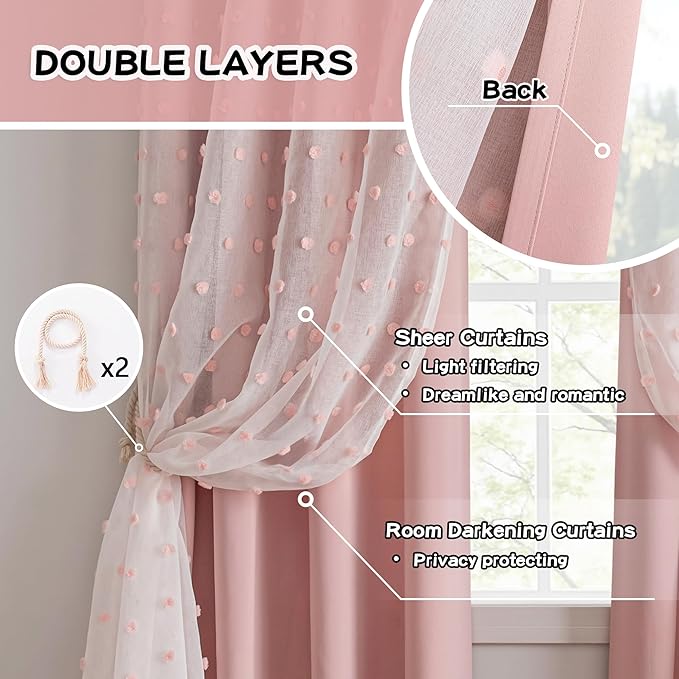 MYSKY HOME Pink Curtains for Girls Room 84 Inches Long 2 Panels Girls Curtains wiht Pink Pom Pom Sheer Blackout Nursery Curtain Room Darkening 2 Layered Window Drapes for Toddler Grommet, 52 x 84 Inch