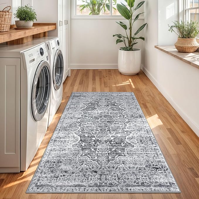 KUTA Area Rug 3x5, Vintage Floral Rugs for Living Room Grey Blue White Washable Non-Slip, Ultra Soft Printed Medallion Entry Low-Pile Throw Carpet for Entrance Bedroom Dorm Décor