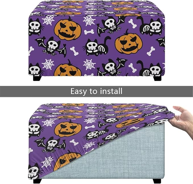 Spooky Halloween Ottoman Cover with Pumpkins, Bats & Ghosts - Stretchable, Form-Fit Slipcover for Rectangular Footstools, Easy Install & Care (33x30x15 Inch)