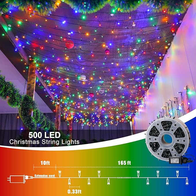 QITONG 500 LED 165ft Christmas String Lights Outdoor Waterproof, Multicolor Lights wiht 8 Modes, Green Wire Twinkle String Lights Plug in