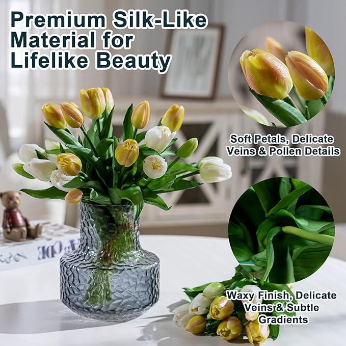 20PCS Fake Tulips Artificial Tulip Silk Flowers Fake PU Bouquet Artificial Flowers Faux Flowers with Gift Box Soft Faux Tulips Bouquets Arrangements for Party Wedding Home