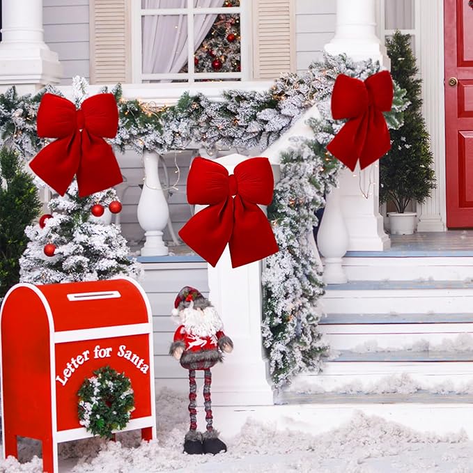 Red Velvet Large Bow Decorations, 2PCS Valentine's Day Christmas Tree Topper Bows Decor, for Home Wreaths Stairs Railing Holiday Wedding Xmas Indoor Outdoor