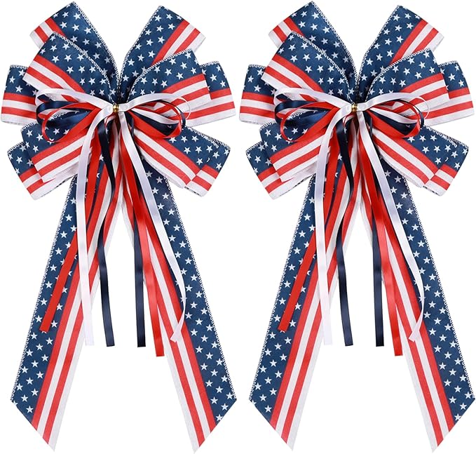 2 Pcs Patriotic Bows for Wreaths Decorations,Red White Blue Stripe String Stars Tree Topper Bow for 4th of July,Independence Day,Memorial Day,Veteran's Day,USA,American Front Door Indoor Outdoor Decor