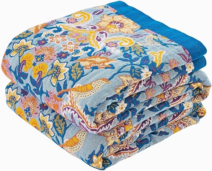 Blue Orange Fall Blanket 90"x 98" Boho Throw Blankets for Couch Bed Chair, 100% Cotton Quilts Warm Soft Blanket Muslin Bed Blankets Home Decor Farmhouse Warm Throws Gifts for Women Mom