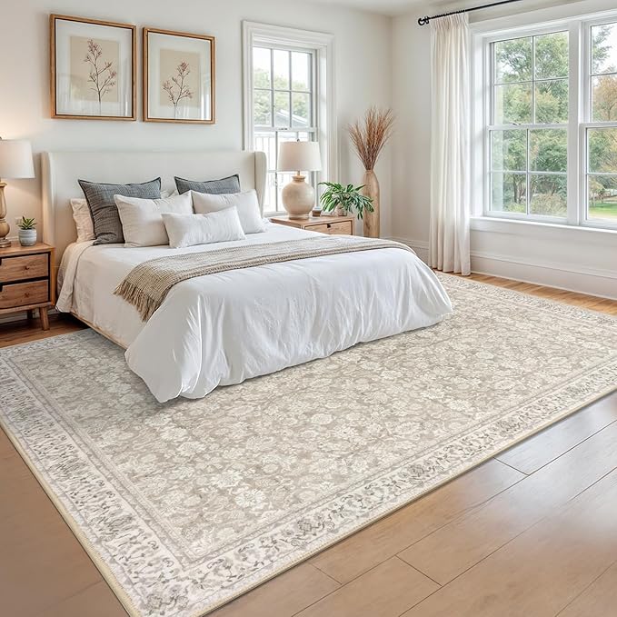 9x12 Area Rug, Cream Beige White Grey Large Washable Rug for Living Room with Non-Slip Soft Vintage Bedroom Rugs Traditional Farmhouse Carpet for Nusery Dining Room Office Home Décor
