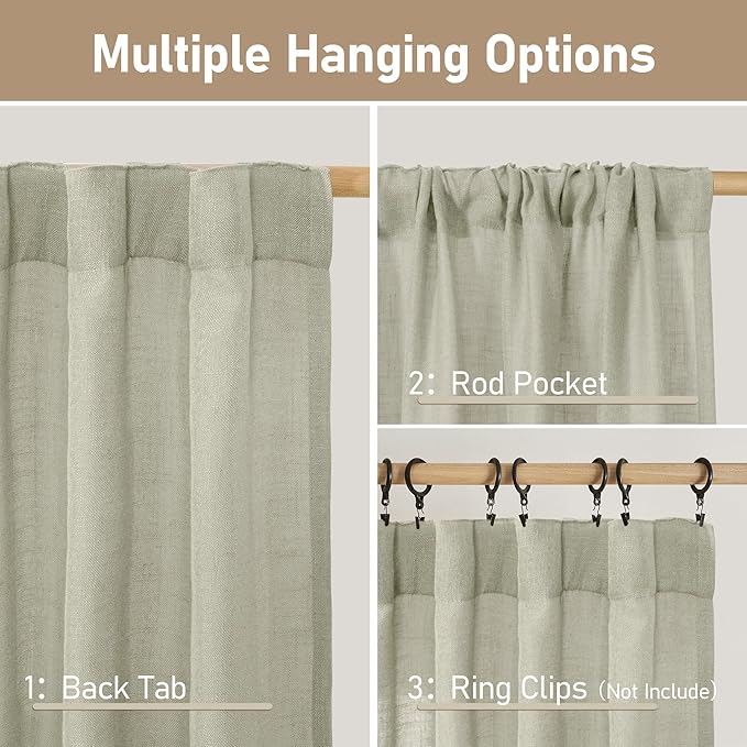 LAMIT Sage Grey Linen Curtains 48 Inch Length 2 Panels, Light Filtering Panels Back Tab and Rod Pocket Neutral Drapes for Kitchen/Window/Loft Room/Bedroom, 34 x 48 Inch
