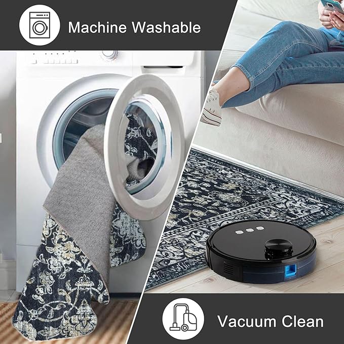 KILOCOCO Area Rug 6x9 Living Room Rug Washable Printed Vintage Floral Non Slip Soft Rubber Backed Indoor Bedroom Rugs for Laundry Room Kitchen Playroom Moroccan Area Rugs, Navy/Charcoal