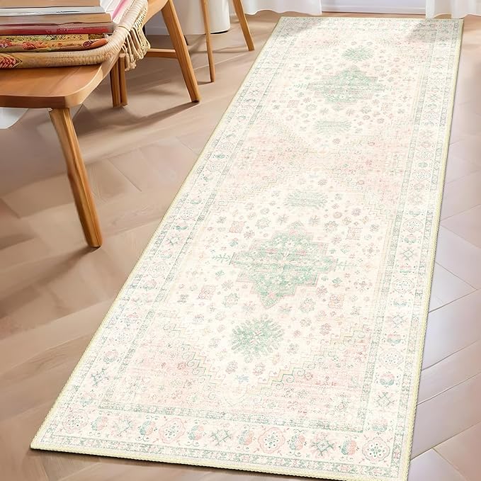 MUJOO Washable Runner Rug,2x6 Runners for Kitchen Bathroom Hallway Bedroom Entryway Laundry,Non Slip Long Mat Indoor,Boho Throw Carpet Low Pile Light Pink and Green