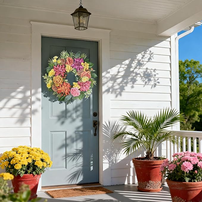 24 Inch Spring Wreath for Front Door with Roses Dahlias Silk Flowers with Berry Greenery for All Seasons Indoor Outdoor Porch Wedding Wall Farmhouse Porch Wall Living Room Home Widding Decor