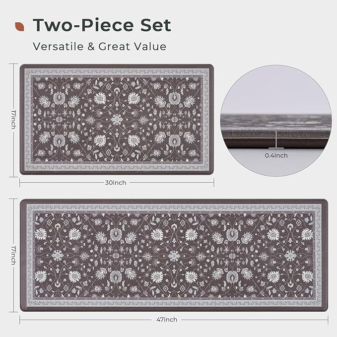 FRESHMINT Anti Fatigue Kitchen Mats for Floor 2 Piece Set, Waterproof & Non-Skid Vintage Floarl Kitchen Rugs, Cushioned Kitchen Mat for Standing Washable Comfort Desk Kitchen Runners, 17x30''+17x47''