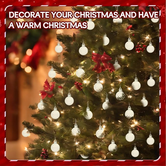 48Pcs Mini Christmas Balls Christmas Tree Decoration Ornaments Shatterproof Glitter Christmas Hanging Balls for Christmas Tree Party Wedding Indoor Outdoor Decoration(White, 1.2inch-48pcs)