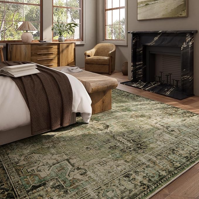 10x12 Area Rug Washable Rugs: Large Living Room Rug Stain Resistant Non Slip Distressed Vintage Low Pile Faux Wool Soft Green Rugs for Bedroom Farmhouse Dining Room Kids Playroom Nursery