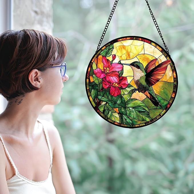 Stained Glass Suncatcher, Hummingbird Red Flowers Green Leaves Sun Catcher Stain Glass Window Hanging Decoration Mother's Day Birthday Gifts for Bird Lover Women Men Mom Nana 6.3 in