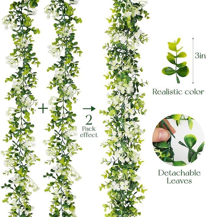 6FT Eucalyptus Garland with Flowers, 4 Pack Greenery Hanging Spring Eucalyptus Garland Suitable for Table Wedding Backdrop Arch Wall Party Thanksgiving UV Protected Indoor Outdoor Decorations