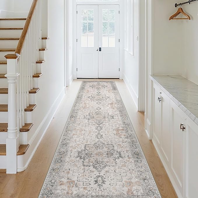 GENIMO Runner Rug 2'6"x4 Machine Washable Non Slip Vintage Hallway Runner Rug, Low Pile Lightweight Rugs for Indoor Entryway, Hallway, Kitchen and Corridor, Light Taupe Brown