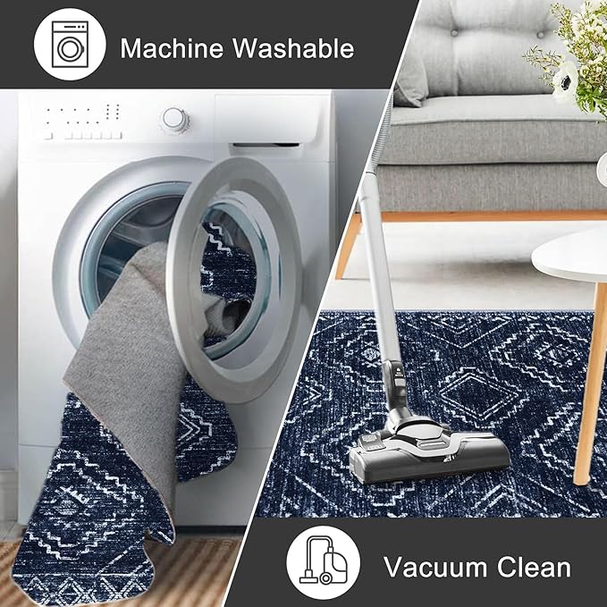 KILOCOCO Area Rug 4'x6' Entryway Rug Washable Bedroom Rugs Non Slip Printed Boho Low-Pile Rubber Backed Blue Soft Rugs for Kitchen Living Room Dining Geometric Moroccan Carpet, Dark Blue