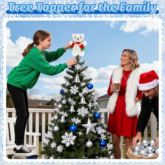 Eyourlife Polar Bear Christmas Tree Topper with Red Scarf, 9inch Winter Cute Plush Stuffed White Polar Bear Tree Topper Decor for Party Home Gifts Xmas Christmas Indoor/Outdoor Tree Top Decoration
