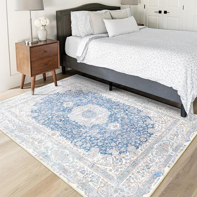 Blue Rug 3x5,Washable Area Rugs for Bedroom Living Room Kitchen Entryway,Small Boho Vintage Bohemian Distressed Non Slip Carpet,Floral