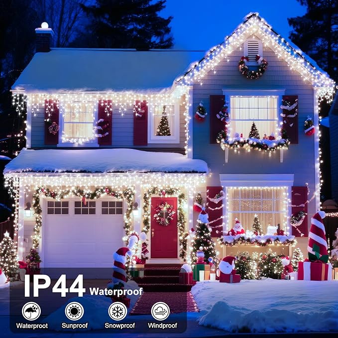 XURISEN 66ft Christmas Lights Decorations Outdoor, 640 LED 8 Modes Curtain Fairy Lights with 120 Drops,Plug in Waterproof Timer Memory Function for Christmas Holiday Wedding Party Decor(Cool White)