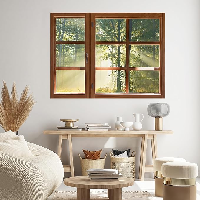 SIGNWIN Removable Wall Sticker/Wall Mural Window Lush Trees with Sunlight Filtering Through Photography Realism Decorative Landscape Digital Art for Living Room, Bedroom, Office - 36"x48"