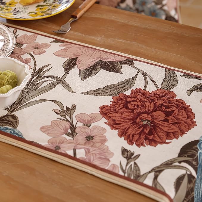 Linen Fall Table Runner 71 Inches Long,Vintage Rustic Farmhouse Blue and Red Flower Table Runners,Table Decoration for Christmas Thanksgiving Home Party Kitchen.12*71"-Burgundyred