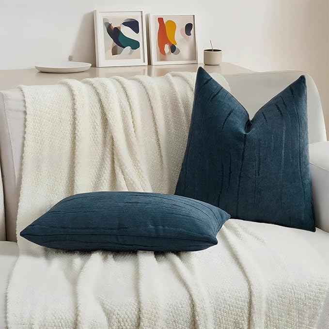 HAUSSY Navy Blue Throw Pillow Covers 18x18 Inch Set of 2, Boho Embossed Striped Textured Decorative Pillowcases Soft Chenille Cushion Cases, Modern Home Decor for Couch Bed Living Room
