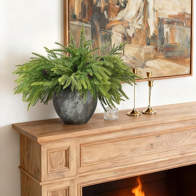 12 PCS Real Touch Christmas Norfolk Pine Stems Branches with 5PCS Pinecones, Soft Bendable Droopy Artificial Faux Pine Stems Picks Lifelike Greenery Stems for Vase Garland Wreath Table Home Decor