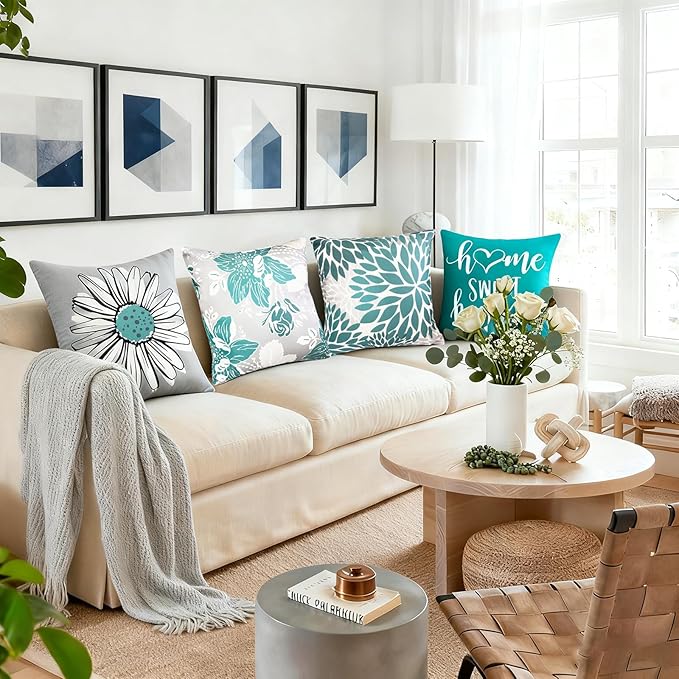 Decorative Throw Pillow Covers Set of 4 Green Pillow Covers 18x18 inch Farmhouse Throw Pillow Cover Linen Square Pillowcase Cushion Cases, Boho Pillow Covers for Couch Sofa Outdoor Home
