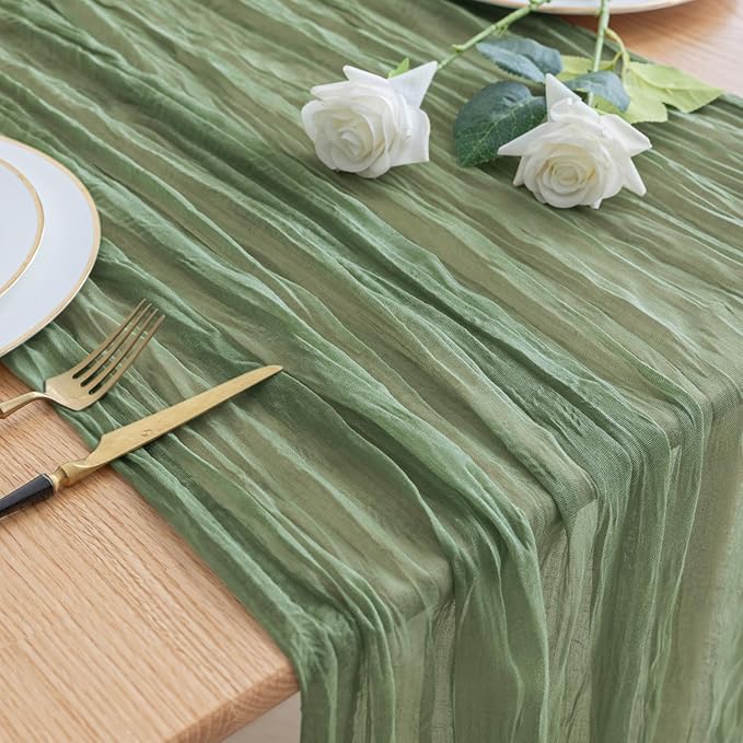 Asee'm Cheesecloth Table Runner 120 Inches Sage Green Boho Gauze Cheese Cloth Runner 10FT Rustic Sheer Table Runners for Valentine's Day Wedding Baby Shower Holiday Party Decoration