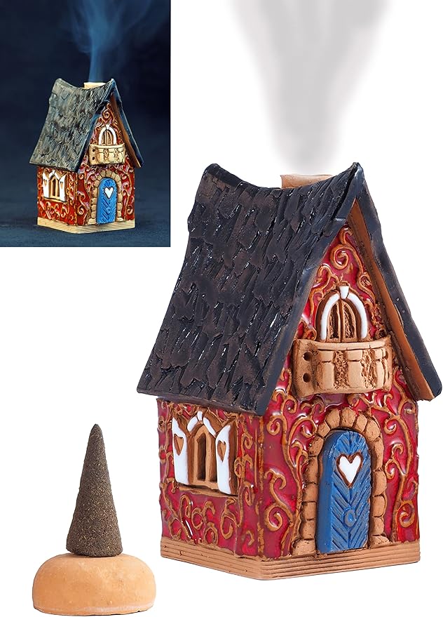 Ceramic Christmas Village Houses Collection - Collectible Miniature Red House - Cone Incense Holder R502