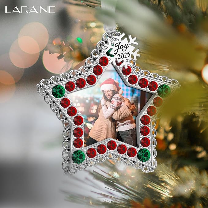 Laraine Christmas Tree Ornaments 3 Pieces – Decorative Hanging 2025 Rhinestones Pendant with Small Picture Frame Insert for Pet Holiday Keepsake Gift (Green&Red (2025))