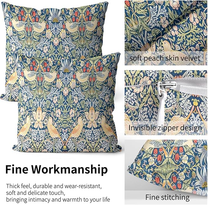 William Morris Pillow Covers 18x18 Inch Red Strawberry Birds Print Pillow Protectors with Zipper Standard Size Vintage Floral Botanical Pillow Cases Mid Century Modern Bed Pillow Covers Set of 2