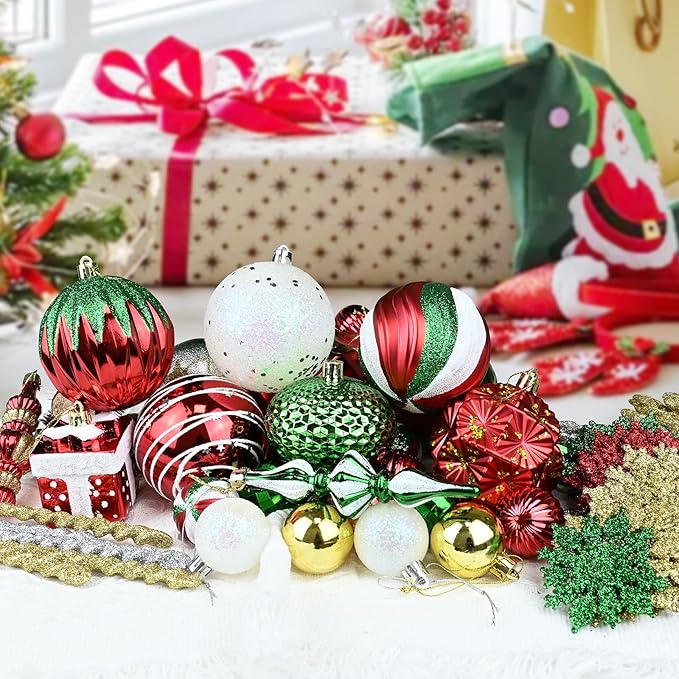 AWSL Christmas Tree Ornaments - 113PCS Set, Red Green White Gold Silver, Shatterproof, Hanging Xmas Tree Decorations