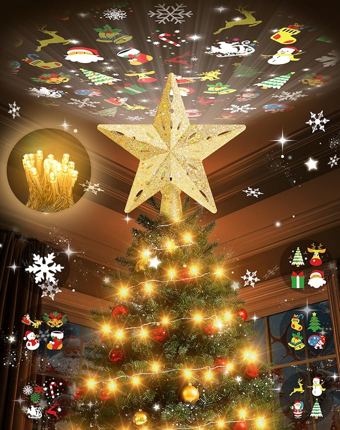 Christmas Tree Topper with 32.8FT Warm Light Cord and 6 Projection Modes, Christmas Star Tree Topper Built-in LED Rotating Projector Lights, 3D Glitter Christmas Tree Decorations (Gold)