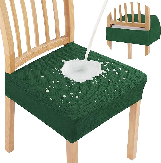 Smiry Waterproof Seat Covers for Dining Room Chairs Set of 4, Stretch Jacquard Removable Washable Chair Seat Slipcovers Protector, No Rear Covers, Emerald Green