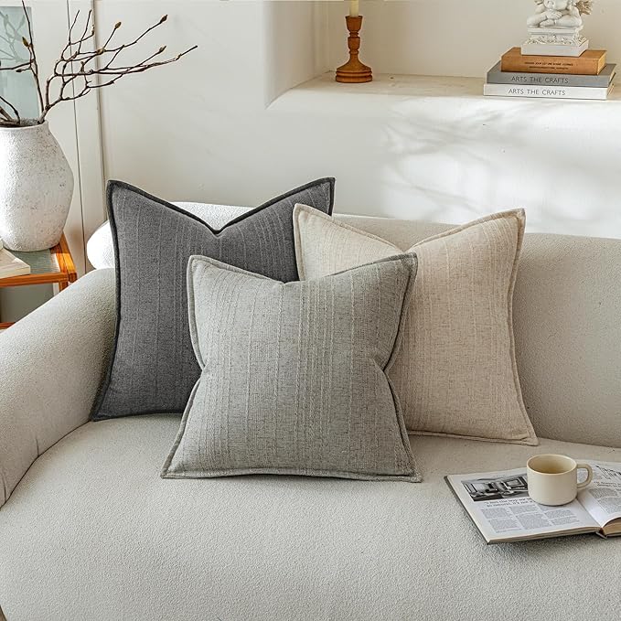 a moment Linen Pillow Covers Set of 2,Boho Farmhouse Throw Pillowcases Neutral Textured Decorative Covers for Couch Sofa,Soft Linen Blend Accent Case Cushion Living Room Home Decor 20"x20"Rustic Gray