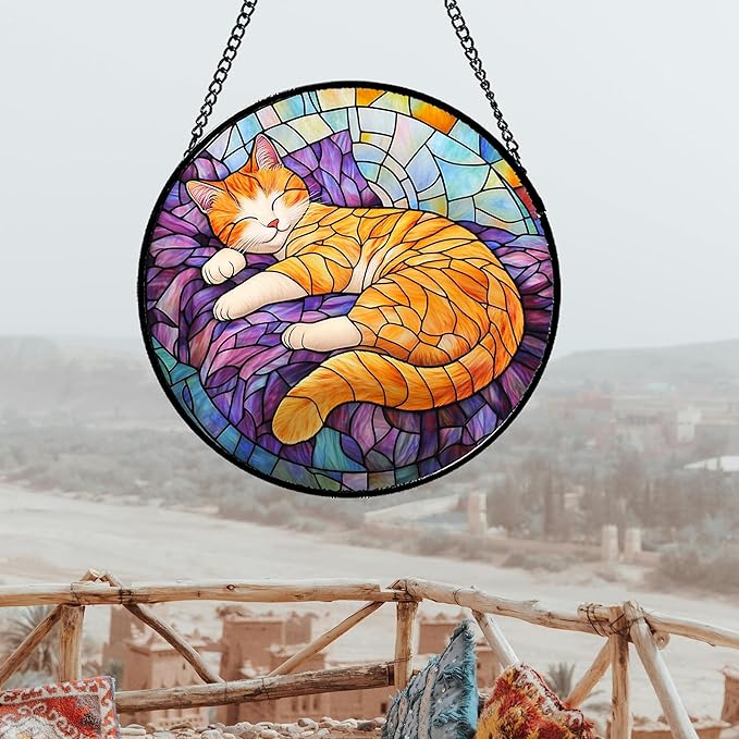 Stained Glass Window Hanging Sleeping Orange Cat 6.3" - Memorial Gift Suncatcher Door Sun Catcher Decor Birthday Christmas for Lost Pets Mom Men Woman Friend
