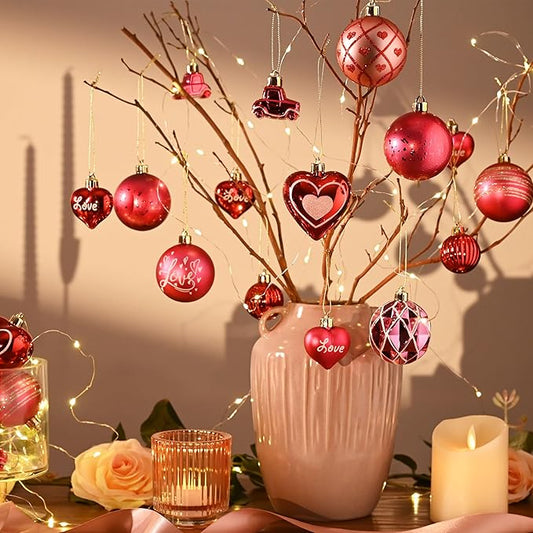 DecorbyHannah Valentines Day Christmas Tree Ornaments Decorations, 21ct Pink Red Heart Shaped Ornaments Set for Tree, Valentine's Day Small Shatterproof Hanging Ball for Wedding Anniversary Party