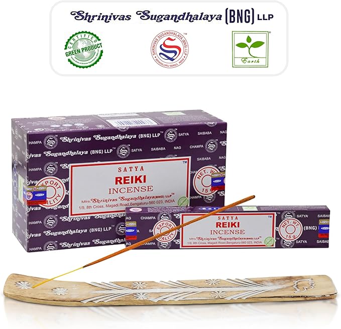 Satya Reiki Incense Sticks, Satya Bng (Bangalore) Insenses 15gmx12 Pack with Raajsee Incense Holder Bundle, Satya Nagchampa Natural Incense