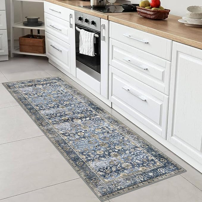 KUTA Vintage Washable Runner Rug, 2x6 Blue Grey Beige Runners for Hallways Non-Slip Kitchen Rugs Ultra Thin Soft Printed Oriental Floral Floor Carpet for Laundry Bedroom Living Room Nursery